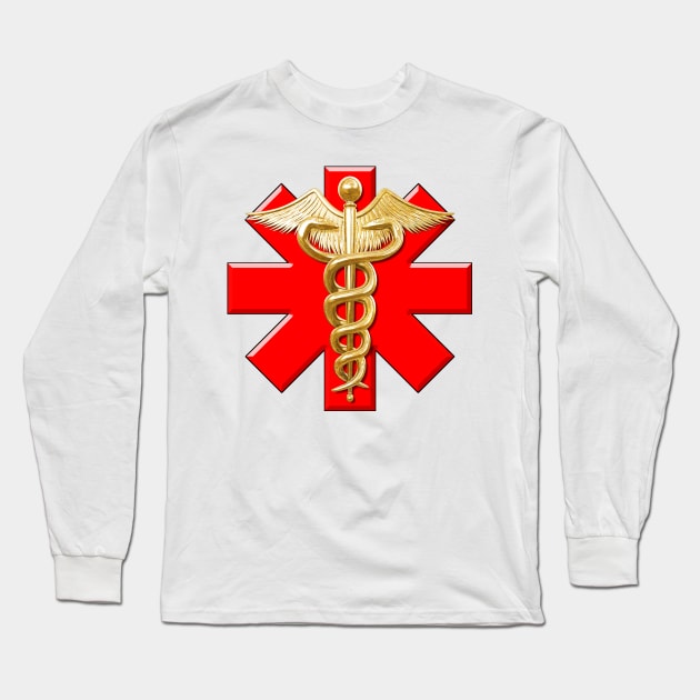 Gold Caduceus And Medical Cross Long Sleeve T-Shirt by Packrat